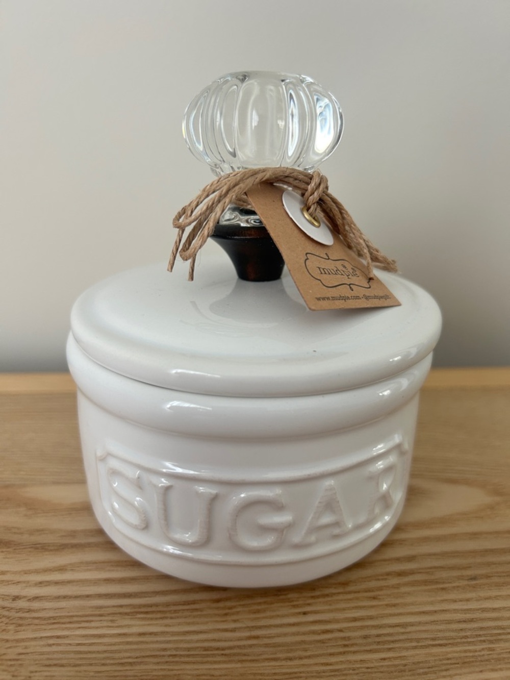 Mud Pie White Ceramic 'SUGAR' Jar with Glass Knob